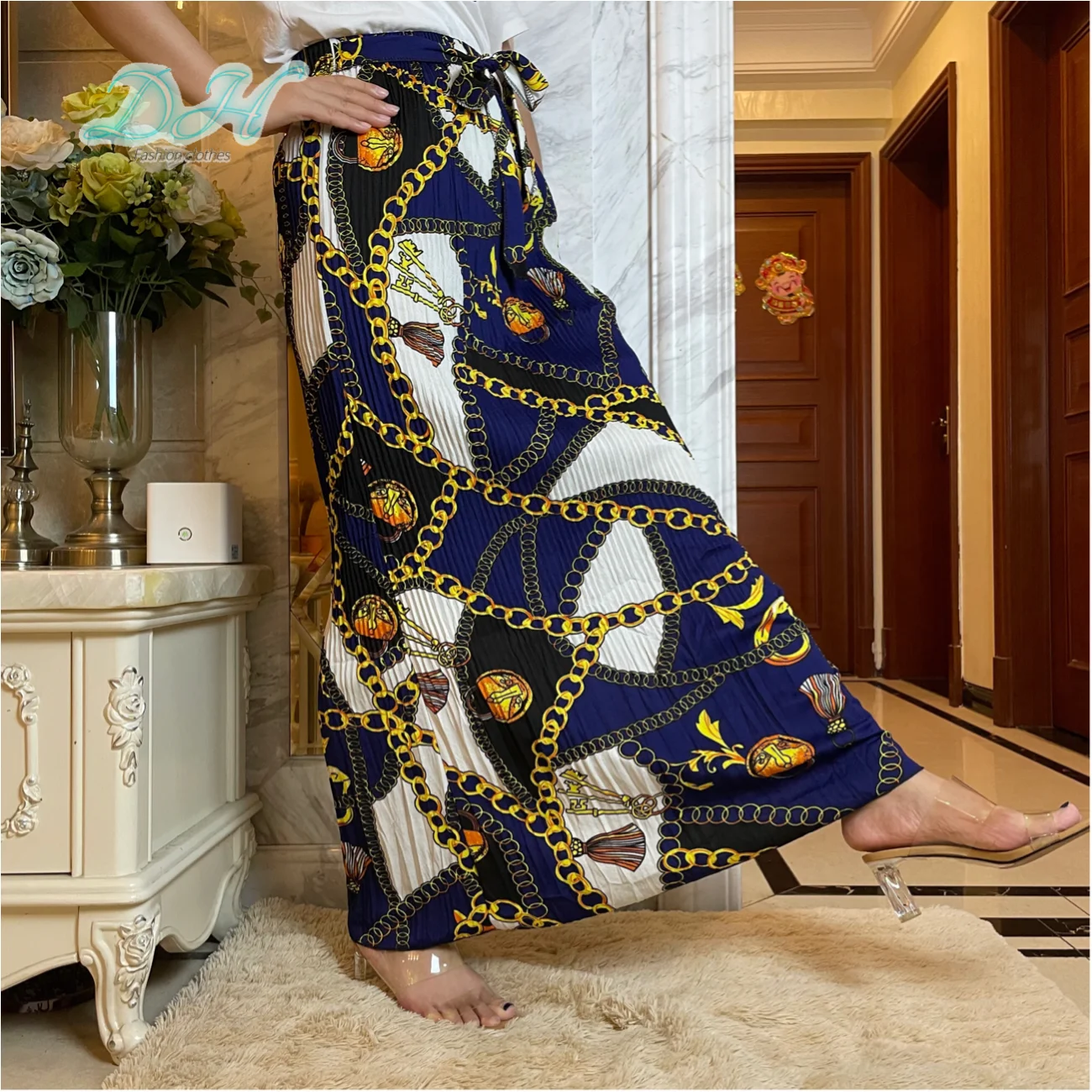 Летняя Женская эластичная шелковая хлопковая юбка с принтом и высокой талией