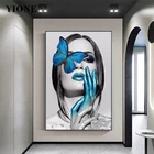 Плакат с изображением Женщины Vogue, желтой, синей бабочки, черно-белые фигурки, печать на холсте, картина для дома, интерьер, художественный Декор