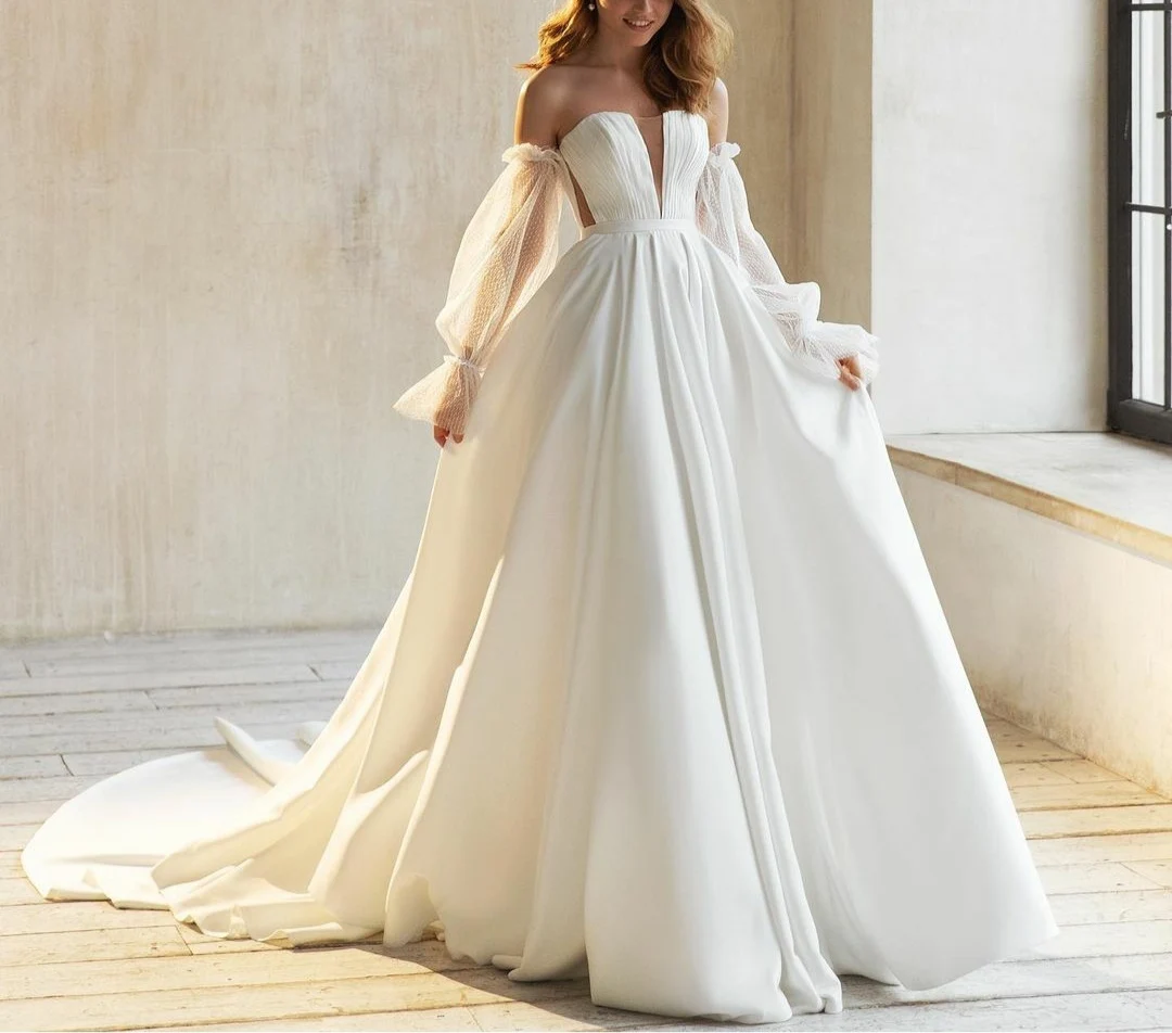 

Длинные атласные свадебные платья в стиле ретро с карманами, а-силуэт, корсет с вырезом на спине и шлейфом, платья для невесты, Abendkleid, свадебн...