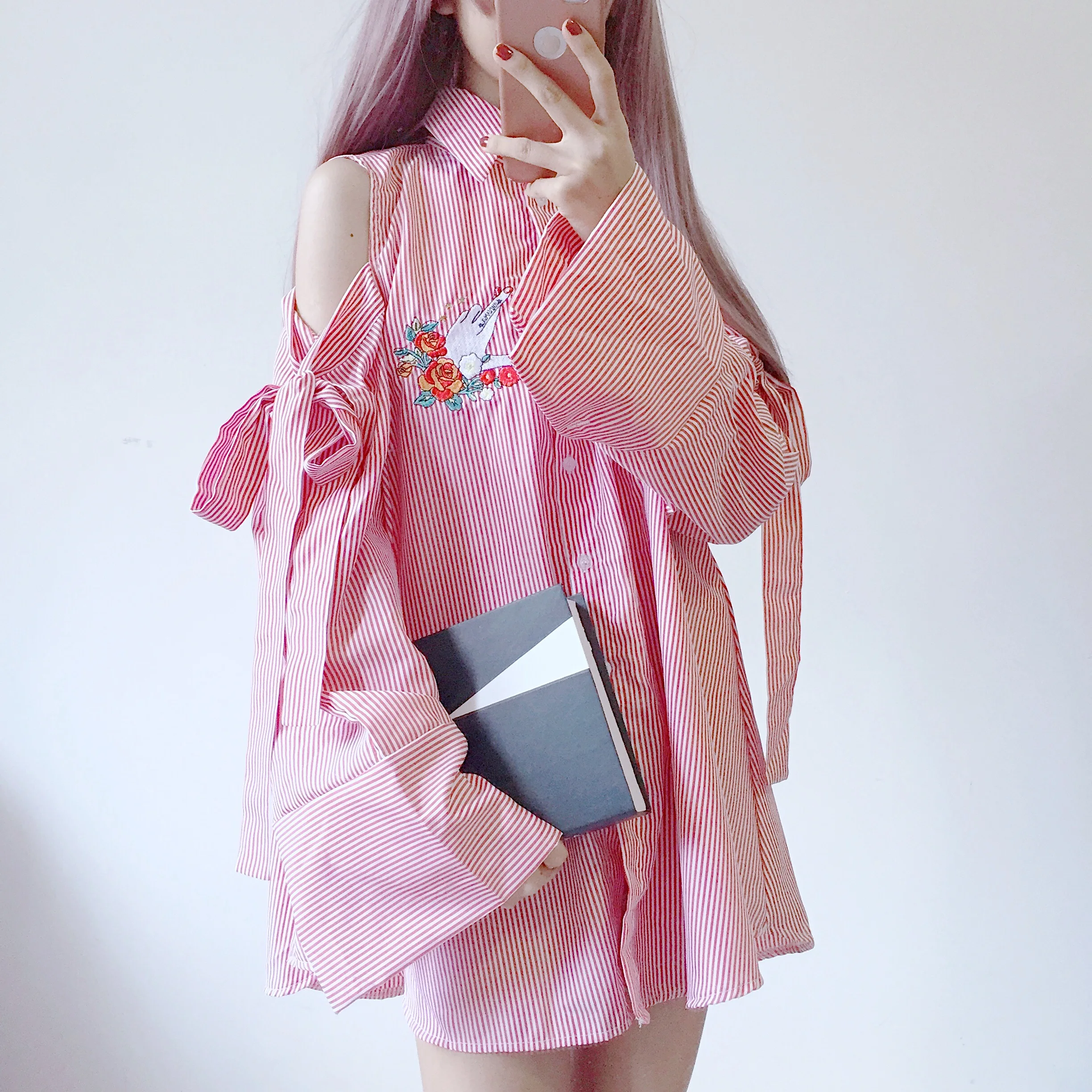 Корейская женская одежда 2019 Харадзюку Роза вышивка с вырезами без бретелек