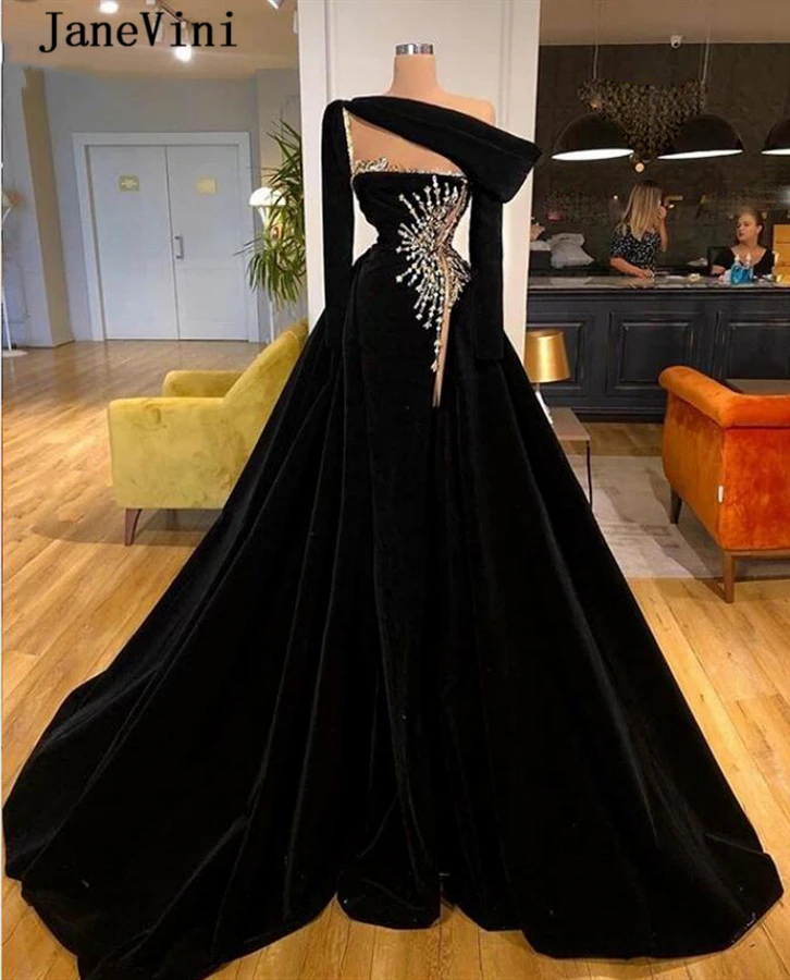 

JaneVini Luxury Black Mermaid Evening Dresses with Detachable Train Long Sleeves Beading Velvet Saudi Arabia Women Dinner Gowns