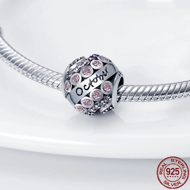 

2021 New Fit Pandora Bracelet Necklace October Birthday Stone Bead Plata De Ley Charm Bead Lady DIY Jewelry Gift