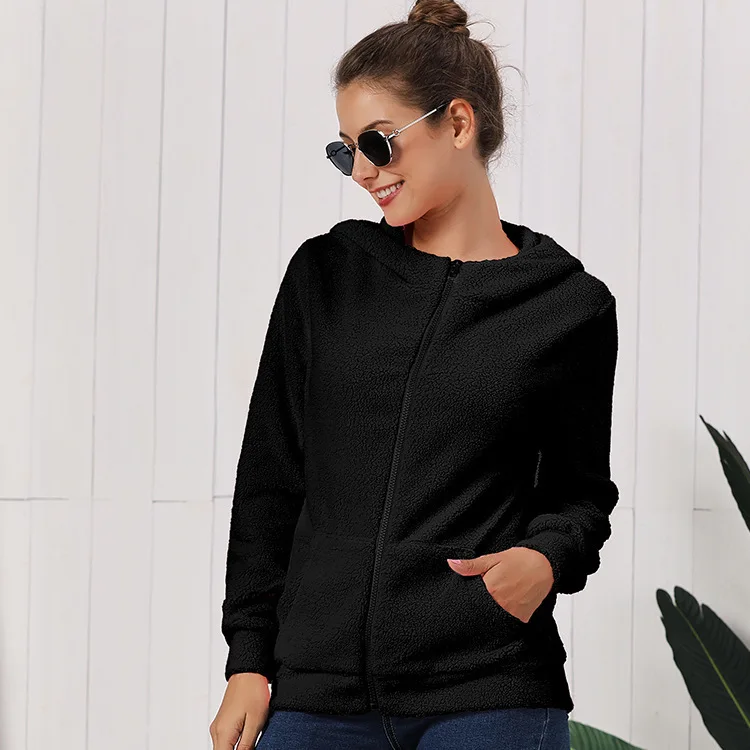 

WEPBEL Women's Fashion Long Sleeve Zipper Pocket Coat Autumn and Winter Leisure Solid Color Plush Straight Hooded Jacket