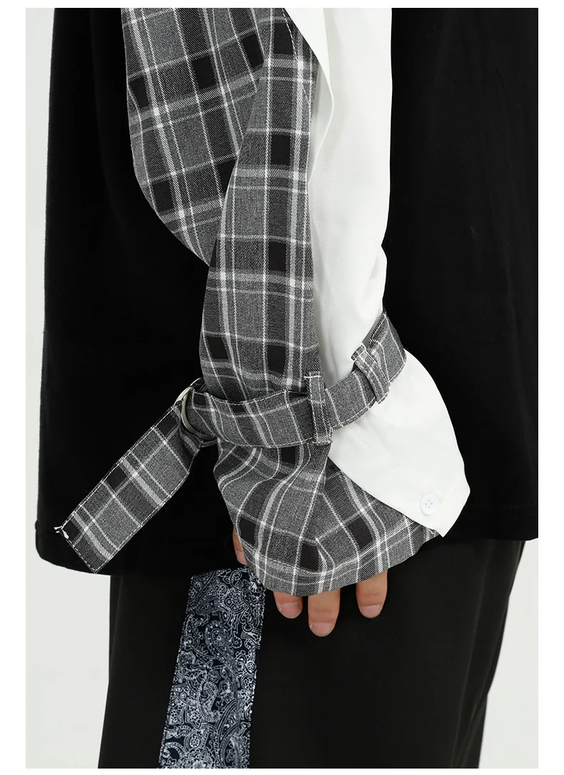 

Men Plaid Splice Long Sleeve Casual Loose T-shirt Male Women Streetwear Hip Hop Couple White Black Tees Shirts