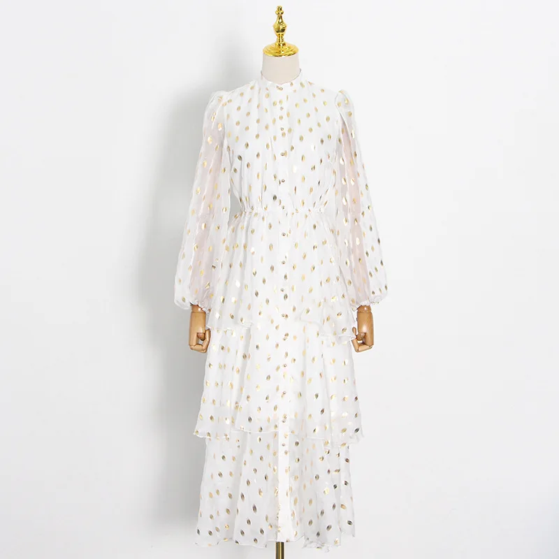 

Playful Gold Dot Dress For Women Summer New Arrival Elegant Micro-perspective Ruffles Dresses Lantern Sleeve Multi-layer Dake D