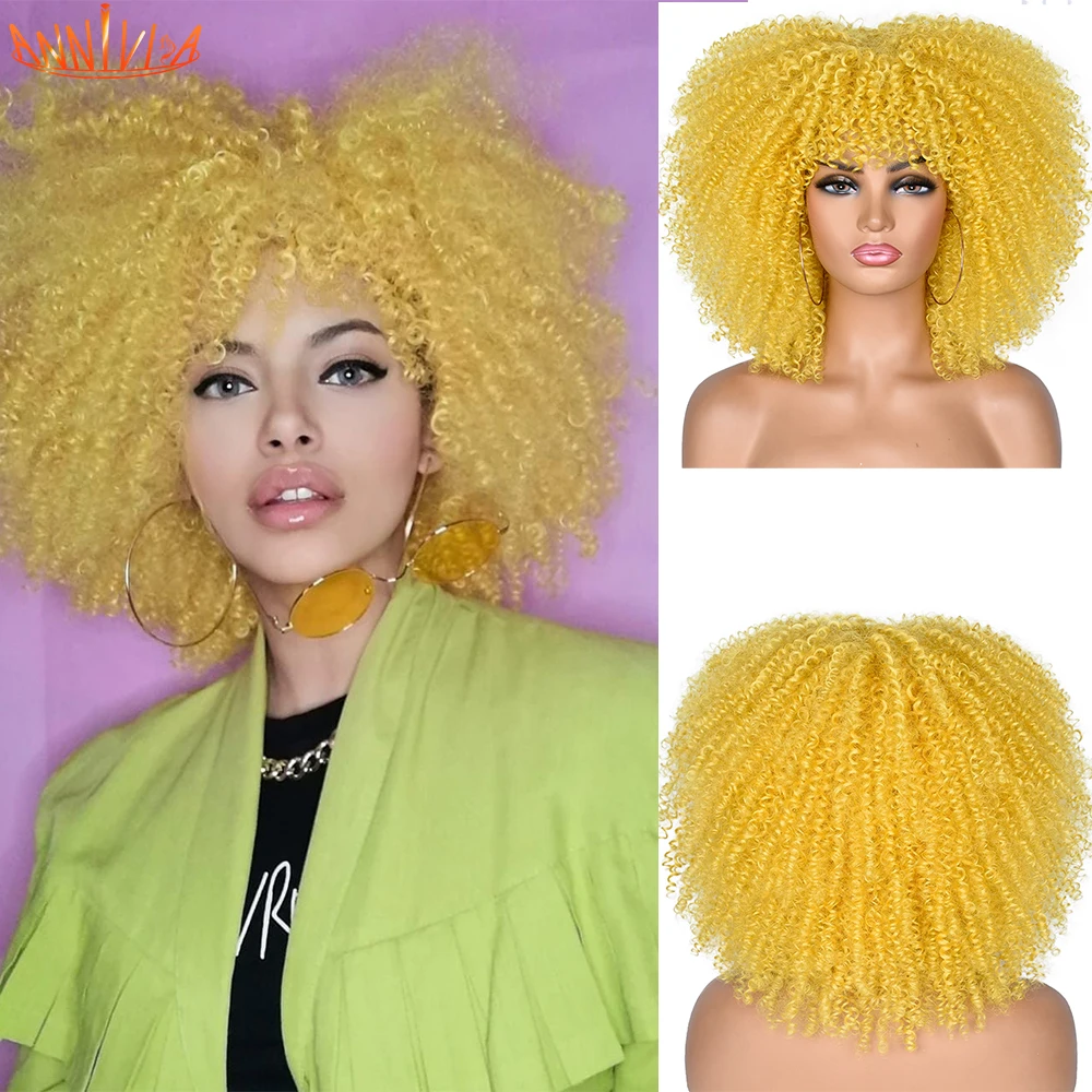 

Short Hair Afro Kinky Curly Wig With Bangs For Black Women African Synthetic Ombre Glueless Cosplay Wigs 14" Annivia