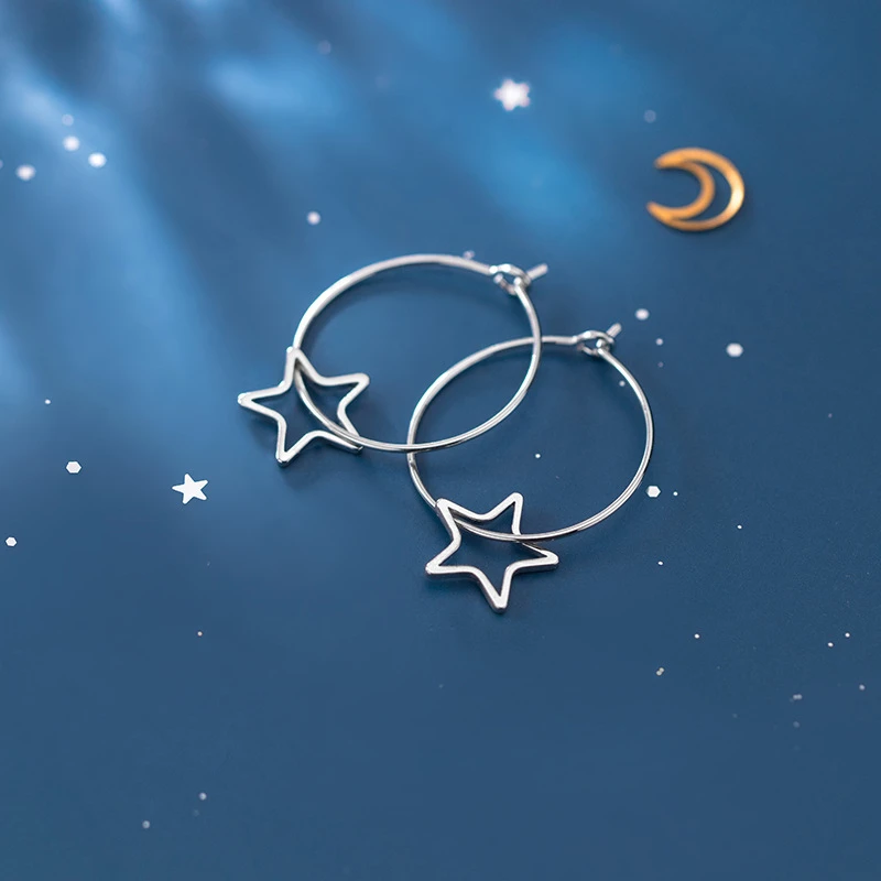 

100% Solid 925 Sterling Silver Jewelry Korea Minimalism Star Hoop Earrings Cuff Clip Fashion Jewelry For Cute Women Girls Gift