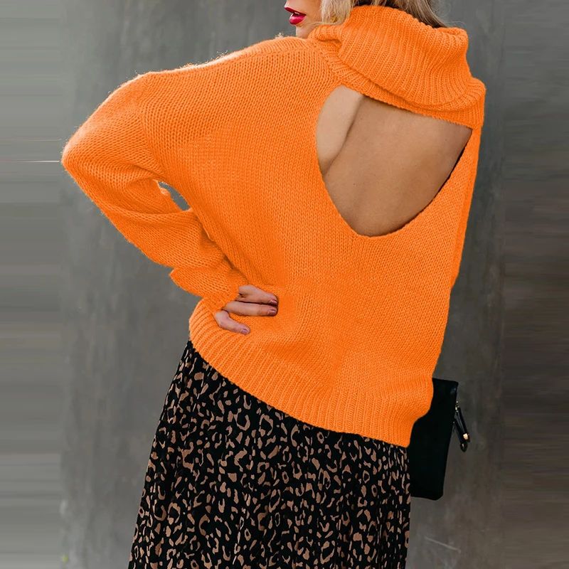 Женский трикотажный свитер с высоким воротником однотонный Повседневный