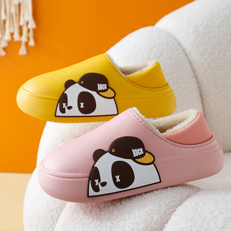 

Winter Hot Sale Women Home Slippers Bedroom Waterproof Closed Shoes Couples Plush Lined Slides Female Cute Panda Cotton Slippers