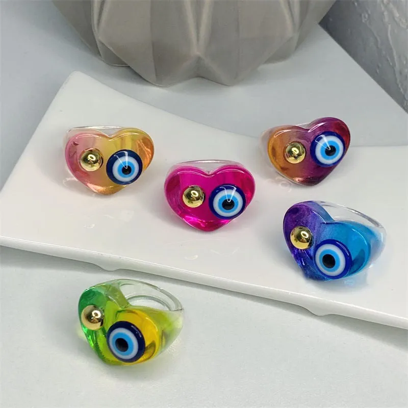 

New Color Acrylic Resin Monster Eyes Transparent Heart-Shaped Ring Fashion Cute Personality Wild Men And Women Ring Jewelry Gift