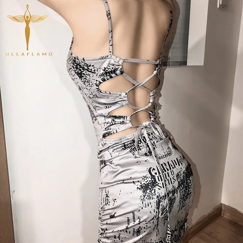 

Graffiti Printing Backless Bandage Women's Dress Hollow Out Slim Bag Hip Mini Dress Gray Spaghetti Strap Female Folds Dress