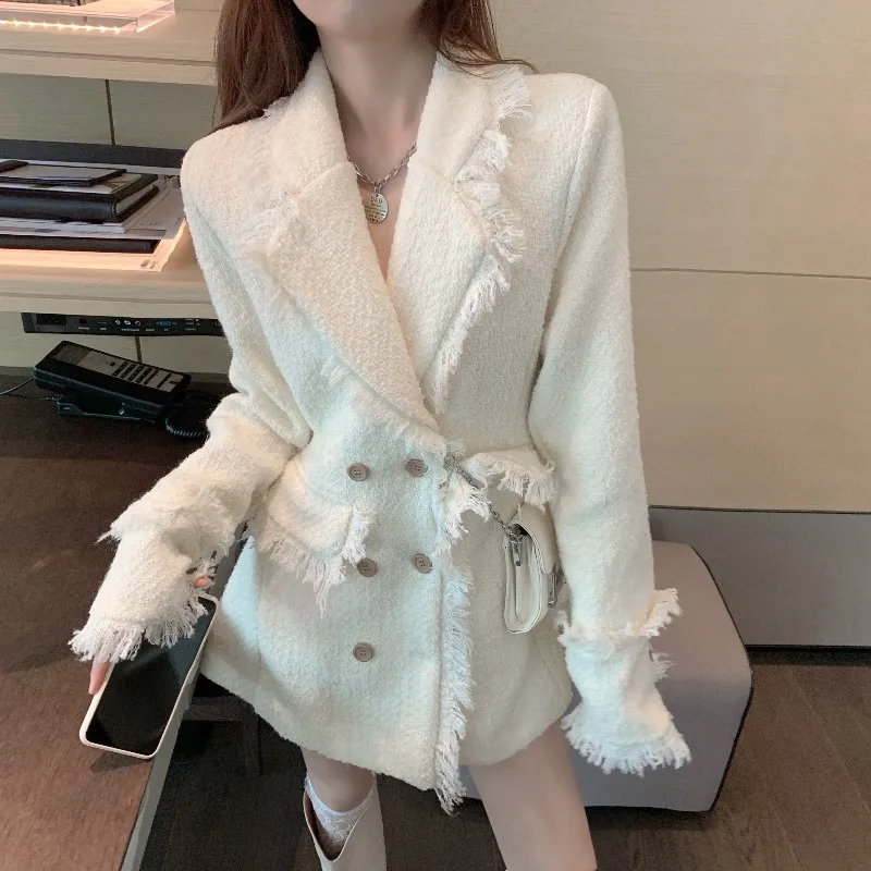 

women's notched collar white coat fringed belt elegant classic casual look spring autumn winter coats