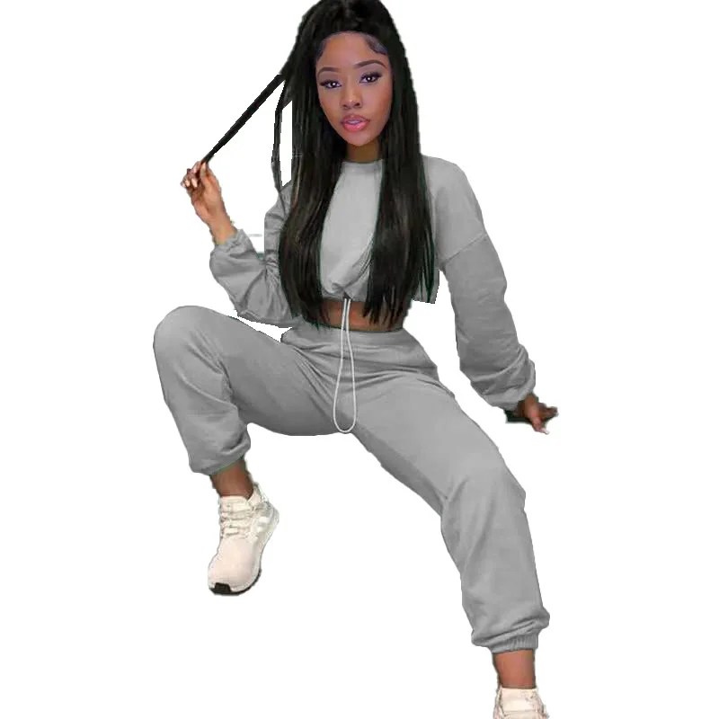 

Повседневный Женский комплект из двух предметов, джоггеры, свитер с круглым вырезом, короткий топ + штаны, женский спортивный костюм, спорти...