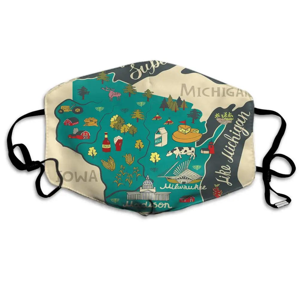 

Mask Map,Cartoon Travel Map of Wisconsin Polyester Anti Dust Face Mask-Washable and Reusable Mask for Cycling Camping