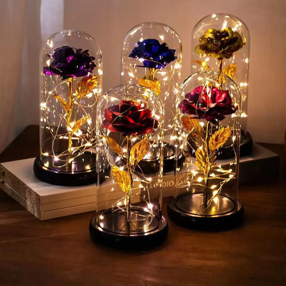 

1PC Decoration Luminous LED Handcraft Gift Home Decor Flowers In Glass Dome 24K Gold Foil Eternal Rose Artificial Flowers