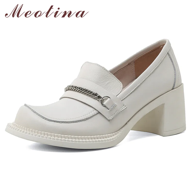 Женские туфли из натуральной кожи Meotina осенние на толстом каблуке с круглым