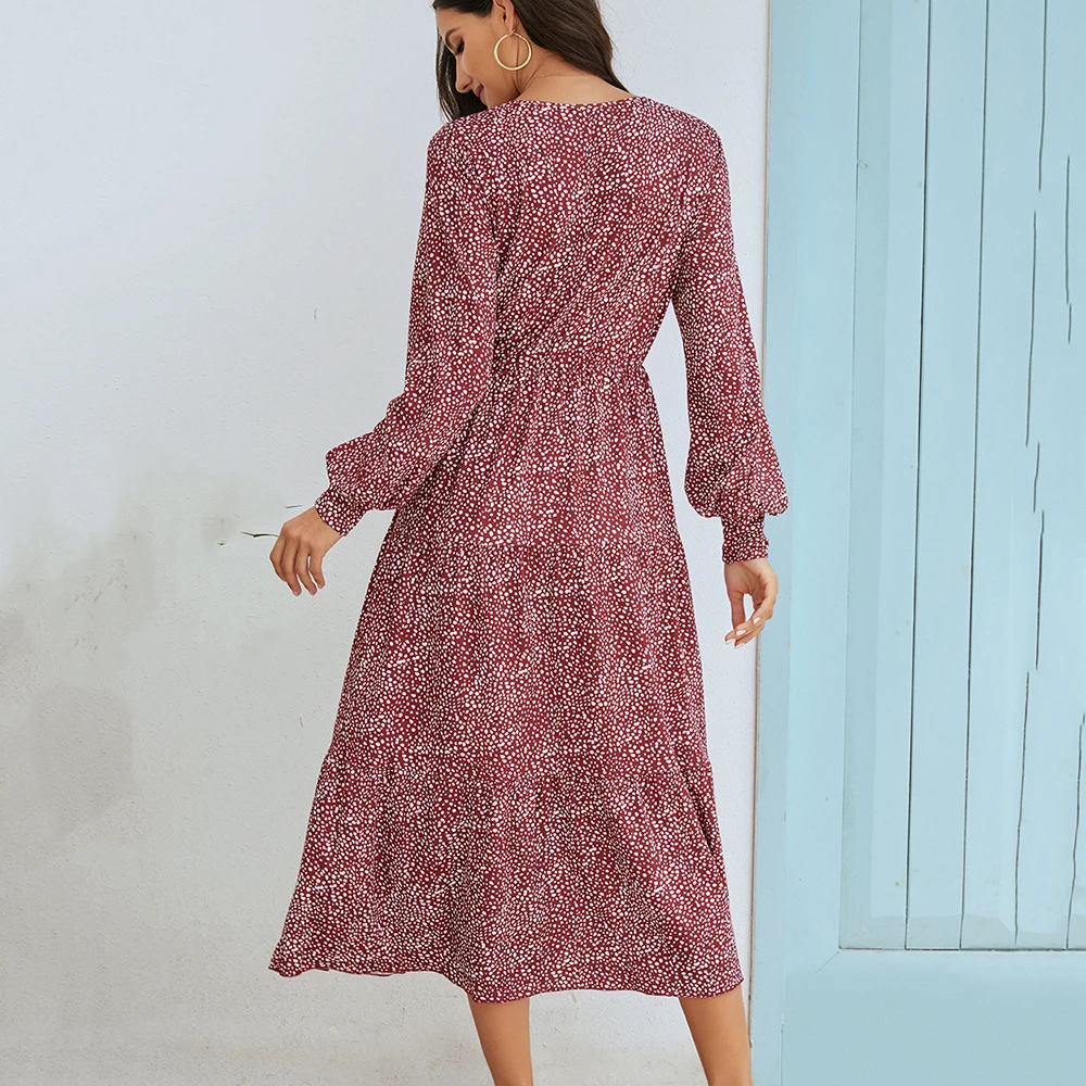 

Print Maxi Dress Women 2021 Spring Puff Sleeve O Neck A Line Elastic Waist Ladies Casual Elegant Patchwork Vintage Dresses