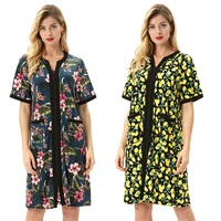 summer women robes clothes zip up lounge wear sleep dress nightgown with pocket floral pattern loose knee length home nightdress