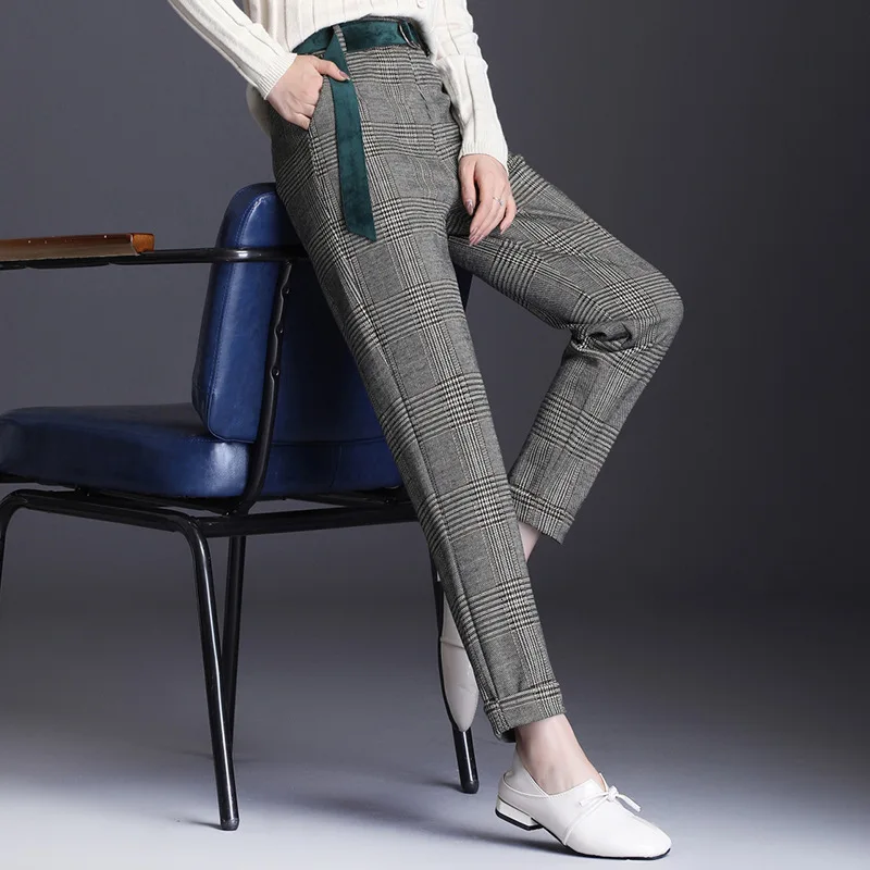 Штаны шаровары для женщин 2021 Новый осень зима теплая Винтажная обувь в клетку с