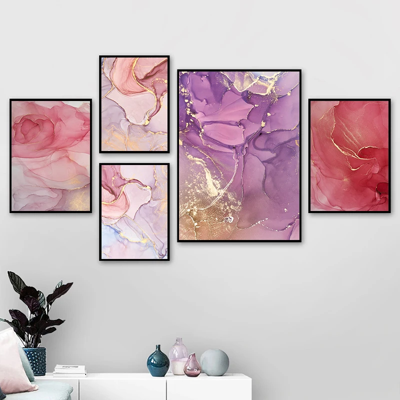 

Modern Abstract Beautiful Colorful Golden Petals Ink Canvas Painting Wall Art Nordic Print Scandinavian Decoration Picture