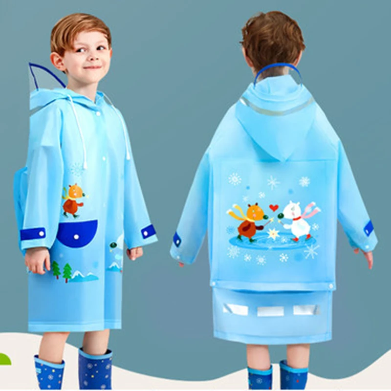 

Kids Boy Raincoat Cute Cartoon Bear Printed Clothes Blue Coat Waterproof Jumpsuit Hooded One-Piece Rainwear