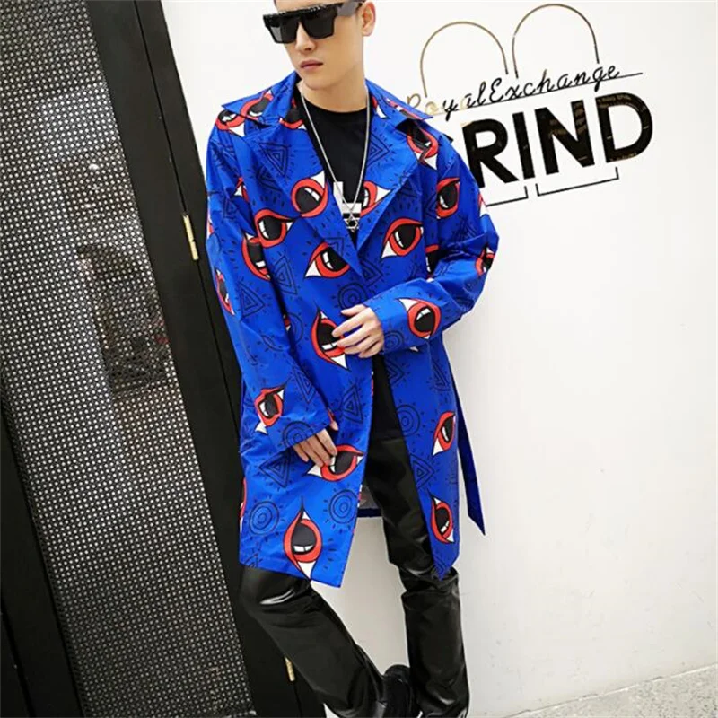 Mens trench coats man mid-length coat men personality printed blue clothes overcoat long sleeve singer stage kurtki b679