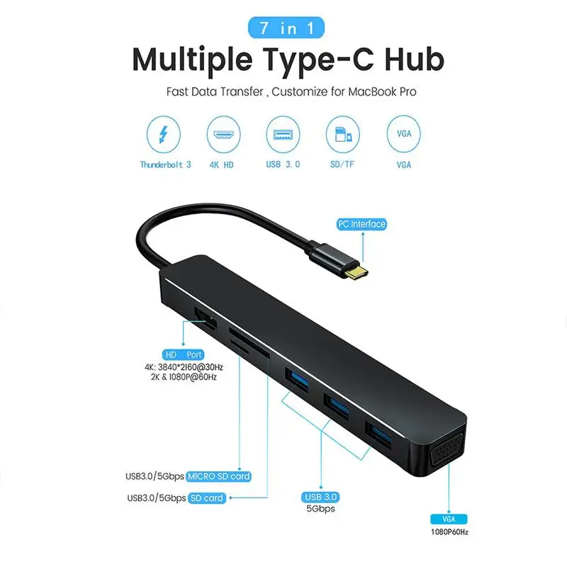 

Brand New 7 In 1 Type C HUB USB C To VGA/HDMI-Compatible 3 USB 3.0 Ports SD//TF Card Reader USB C Adapter For MacBook