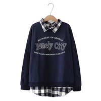 women letter print plaid patchwork sweatshirt 2021 spring girl preppy style turndown collar pullovers 2112659