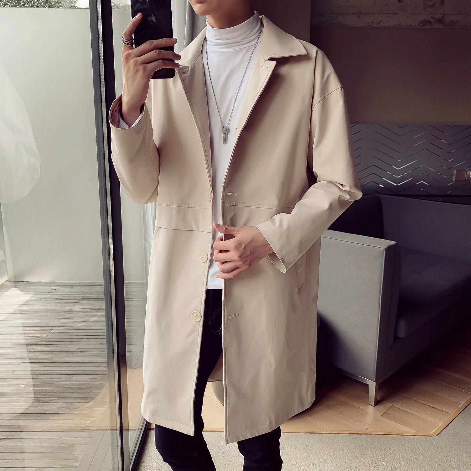 Мужской тренчкот 2020 Мужское пальто средней длины мужская приталенная