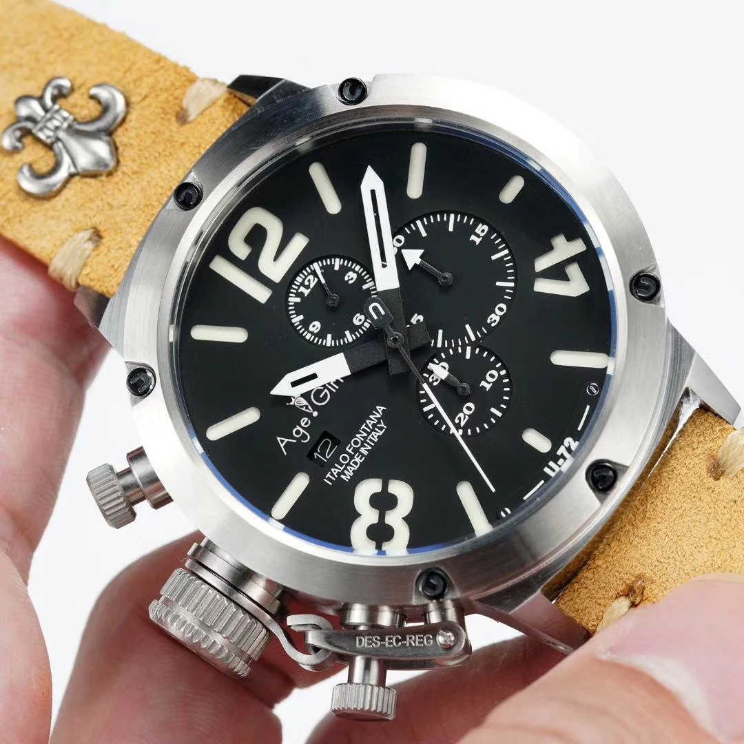 Новинка, кварцевые Секундомер-хронограф для мужчин, U CHRONOMETER U72 Chimera, серебристый, в возрасте, коричневый, корова, черный, кожа, часы для лодки, белый, оранжевый