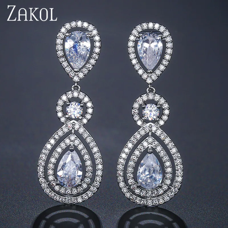 White 5 ZAKOL Роскошные висячие серьги с кубическим цирконием, длинные висячие элегантные серьги для женщин, свадебные ювелирные изделия FSEP2114 - Окраска металла: White 5