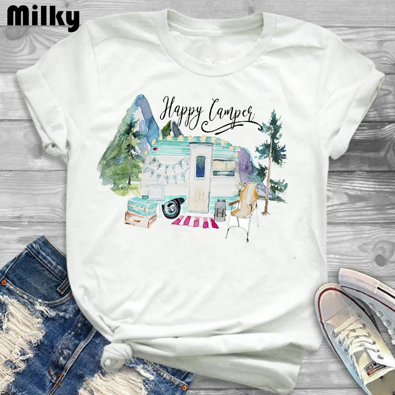 Happy Camper рисунками машин женская одежда футболка для женщин размера плюс Топы с