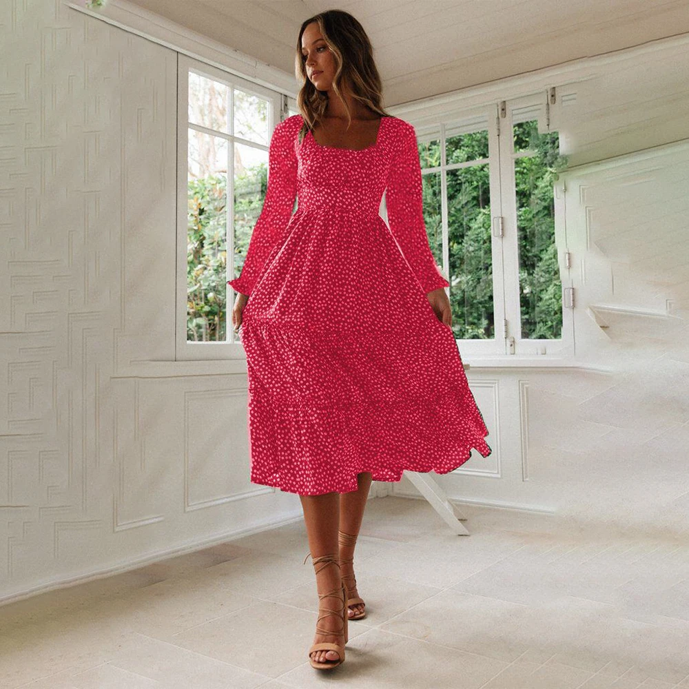 Women's Dress Fashion Women Polka Dot Print Bohemia Long Maxi Ruffles Sleeve Evening Party Summer Beach Sundress Q30 | Женская