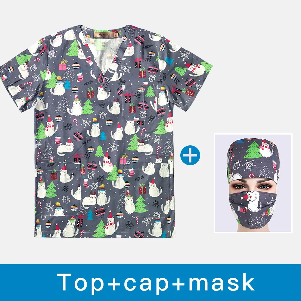 top cap mask Рождественская елка с принтом на каждый день, топы в больнице хирургические мужские и женские хлопковые футболки Серый медицинская униформа для кормления Одежда униформа для сотрудниц спа-салонов - Цвет: top cap mask