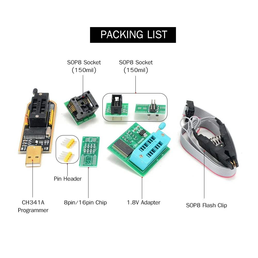 

CH341A USB Programmer Kit with SOP8 Clip EEPROM Burner BIOS Flasher SPI Flash Programmer Kit with 1.8V Adapter