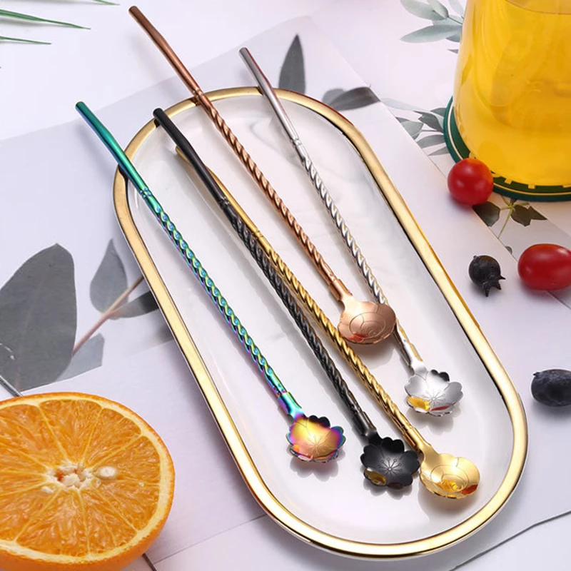 

1Pc Long Twisted Straw Spoon Portable Gold Tea Scoop Reusable Colored Stainless Steel Straws Black Dinnerware Set For Bar Party