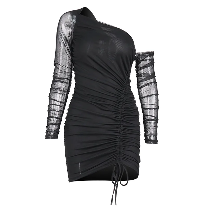 

Women Summer Dress Long Sleeve Off Shoulder Bodycon Pleated See Through Mini Dress Female Clothing Streetwear