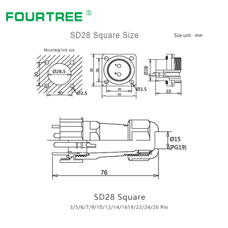Водонепроницаемый разъем IP68 SD28 квадратный штекер и гнездо для кабеля питания 2 26
