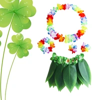 5pcs hula skirt hawaiian costume set with green leaves leis bracelets headband luau party favors for beach luau party supplies