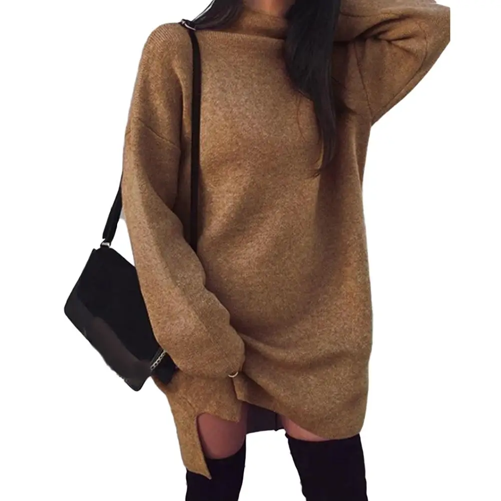 Winter Women Solid Color Loose Turtleneck Long Sleeve Warm Knitted Sweater Dress high neck loose knit split dress sweater | Женская