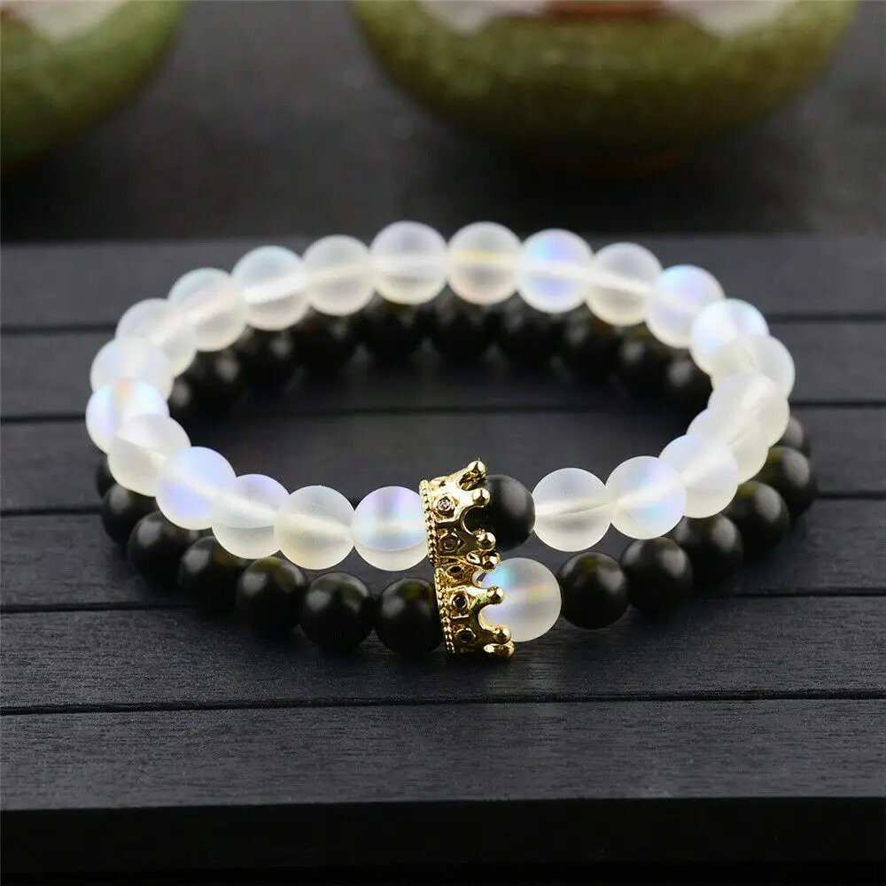 

Natural Moon Crystals Stone Round Beads Bracelet Jewelry Charm Black White Crystal Crown Bracelet Set for Men Wome Couple Gifts