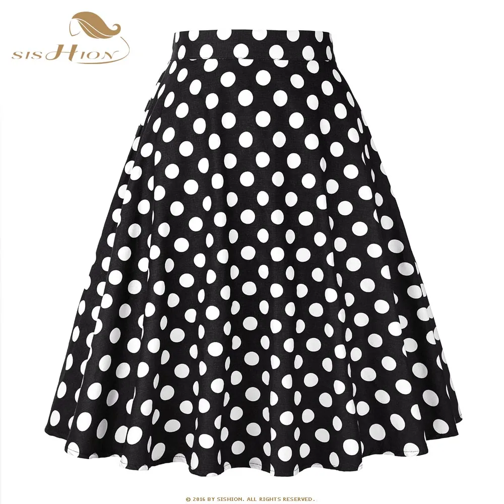 Black Dots SISHION, Женская юбка миди, подиумная, Ретро стиль, рокабилли, VD0020, женские s Pinup 50 s, хлопковые юбки, высокая талия, в горошек, красная, черная юбка - Цвет: Black Dots
