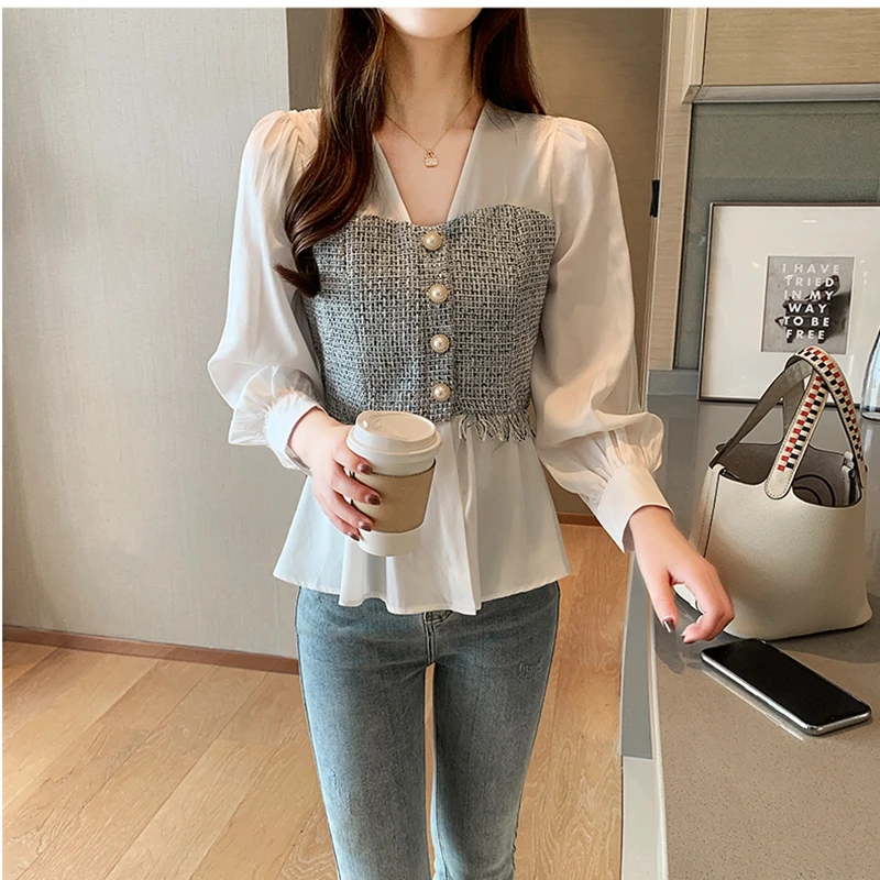 

2020 Autumn Tassel Long Sleeve Shirt Fashion Office Lady Tops Korean Style Women Spliced Chiffon Blouse V-neck Feminina shirt