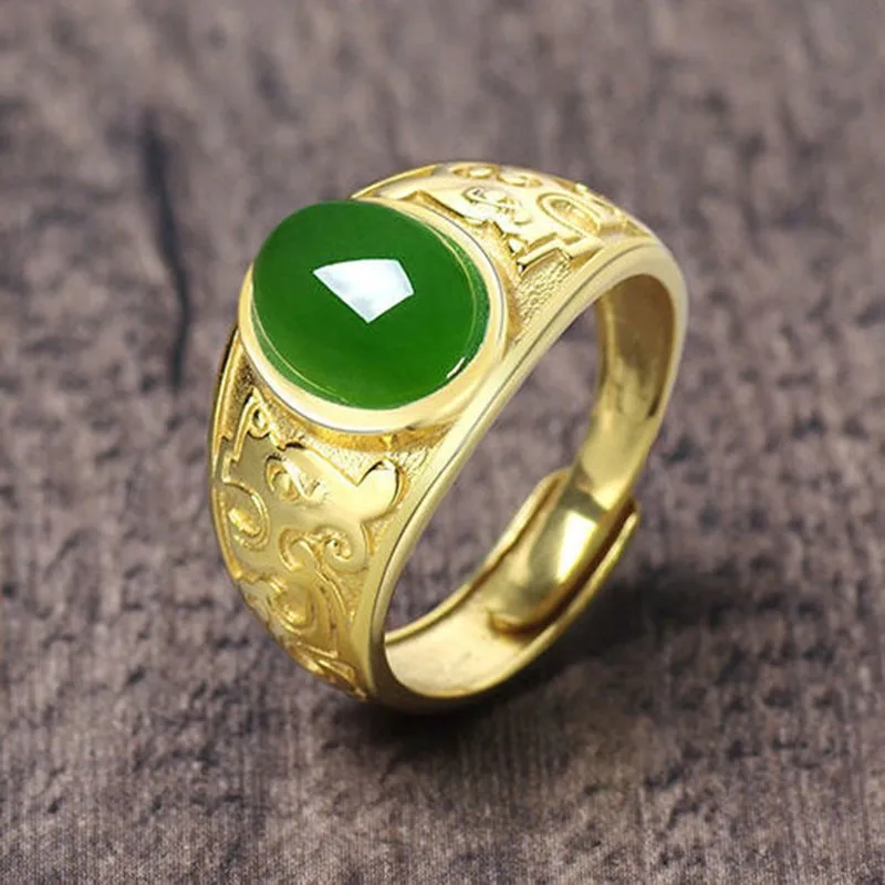 

Classic Artificial Green Jade Inlaid Vintage Pattern Metal Opening Rings for Men Women Glamour Punk Party Anniversary Jewelry