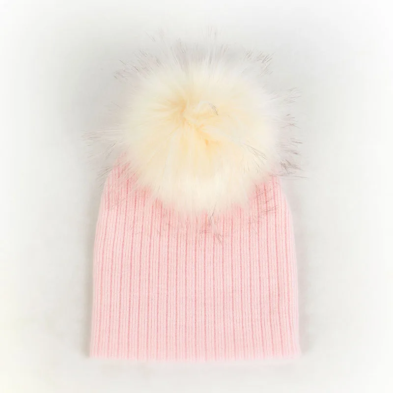 Light pink7 Осенне-зимние теплые детские для младенцев ребристый головные уборы Skullies Beanies полосатые трикотажные утепленные шапки с помпоном унисекс, для новорожденных шапки - Цвет: Light pink7