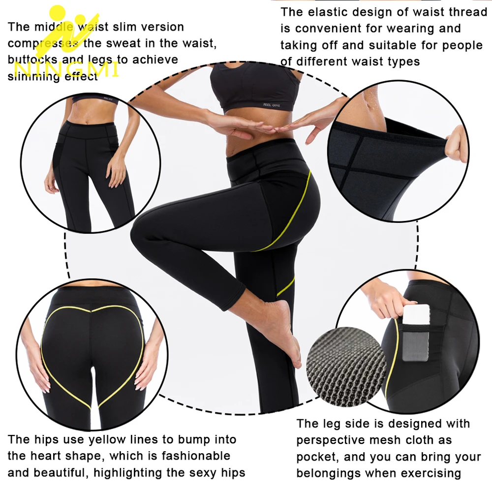 NINGMI Women Neoprene Waist Trainer Sauna Pants Slimming with Pockets Hot Sweat Body Shaper Trousers Lose Weight Workout Tights | Спорт и