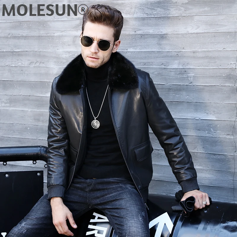 

AKOOSUN Winter Jacket Men 2021 Men's Clothing Real Mink Fur Collar 100% Goatskin Leather Motorcycle Down Jackets Jaqueta LXR537