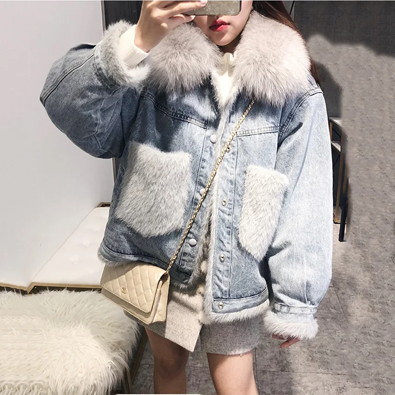 

Winter Lamb Coat Winter Warm Denim Jacket For Women Vintage Long Sleeve Coat Thicken Large Fur Loose Parka Plus Size Denim Parka