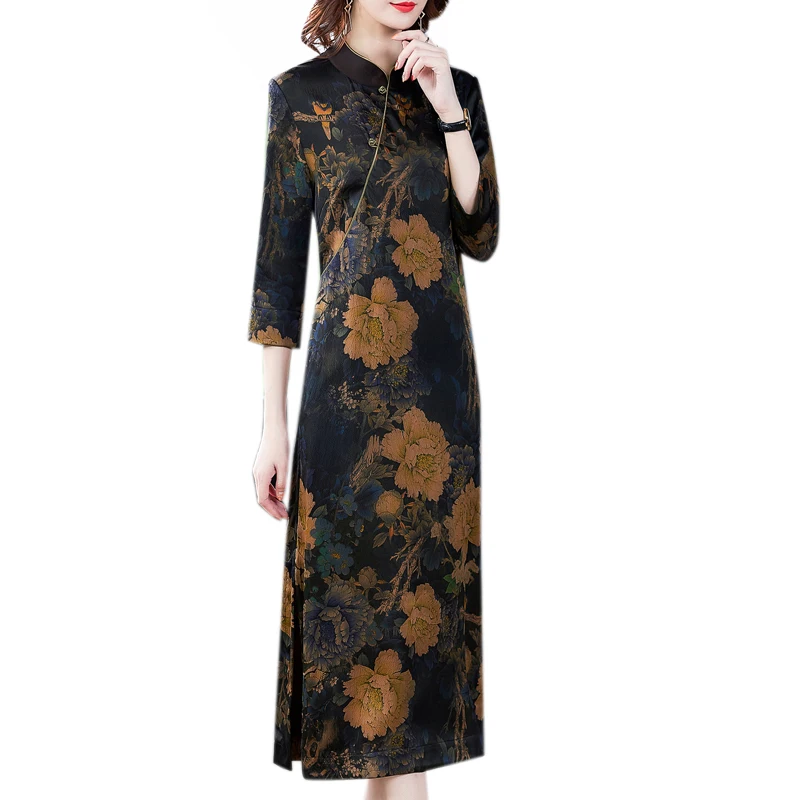 

COIGARSAM Women Dress Spring 2021 New Office Lady Casual Print Full Sleeve Silk Loose Stand Neck Dresses Traf Robe Vestidos