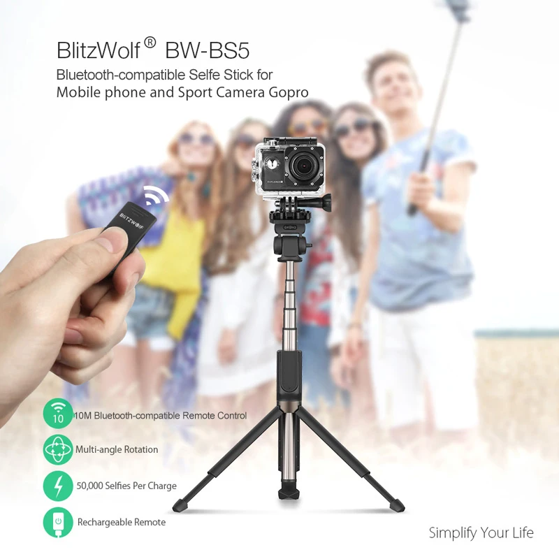 BlitzWolf 3 в 1 селфи палка bluetooth совместимый удаленный Ручной штатив 810 мм Φ для камеры